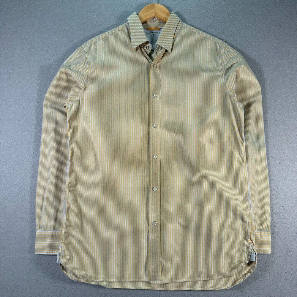 Banana Republic Pearl‎ Snap Shirt Mens Medium Slim Fit Yellow Stripes Comfort
